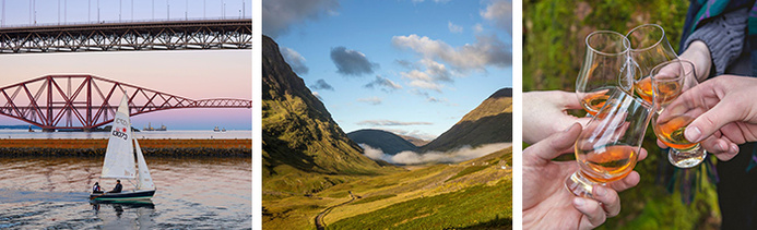 De gauche à droite : South Queensferry Bridge © VisitScotland / The Three Sisters of Glencoe © VisitScotland / Whisky tasting in Scotland © VisitScotland
