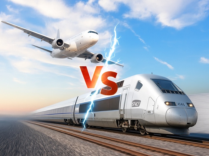 Le Réseau Action Climat publie l’étude “Le monde à l’envers” comparant les prix des billets de train et d'avion, en France et Europe - Crédit photo : visuel réalisé à l'aide de l'IA