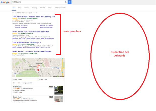 Google retire AdWords de la barre latérale et ajoute une 4ème pub en zone premium (c) Capture d'écran google