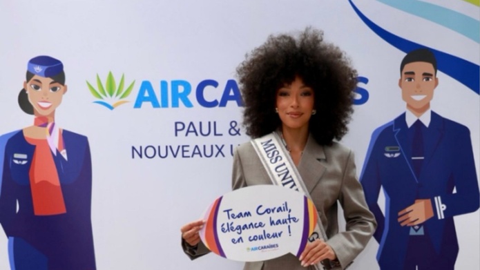 Ophély Mézino, Miss Univers Guadeloupe, est présente lors de cet événement pour accompagner le lancement officiel des nouveaux uniformes. Photo Air Caraibes Ophély Mézino, Miss Univers Guadeloupe, est présente lors de cet événement pour accompagner le lancement officiel des nouveaux uniformes. Photo Air Caraibes