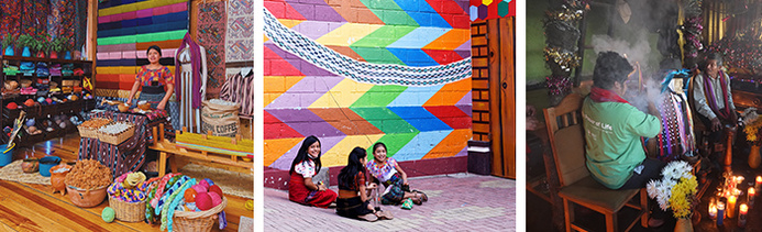 De gauche à droite : Coopérative de tisserandes © Terra Guatemala / Fresque murale San Juan la Laguna © Terra Guatemala / Maximón © Terra Guatemala De gauche à droite : Coopérative de tisserandes © Terra Guatemala / Fresque murale San Juan la Laguna © Terra Guatemala / Maximón © Terra Guatemala