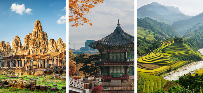 De gauche à droite : Cambodge © Canva / Corée © Canva / Vietnam © Canva De gauche à droite : Cambodge © Canva / Corée © Canva / Vietnam © Canva
