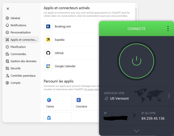 Pour tester Booking et Expedia sur Chat GPT il faut recourir à un VPN pour simuler une connexion depuis un pays où les applications sont actives, comme les États-Unis ou le Canada. Capture écran