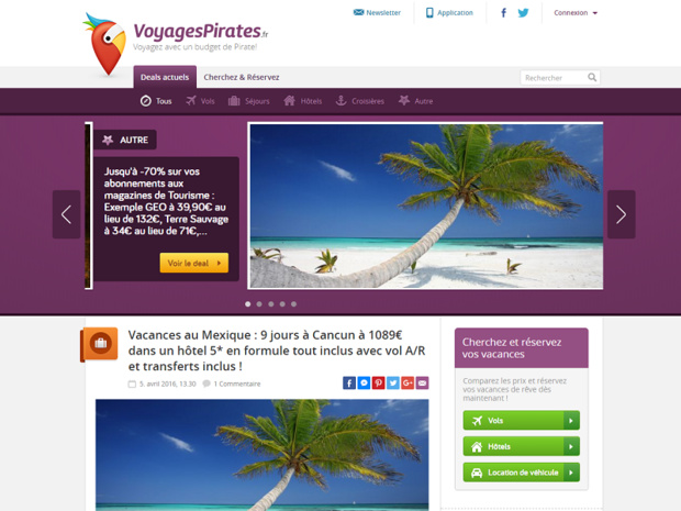 Chaque jour, Voyages Pirates publie des bons plans touristiques - Capture d'écran