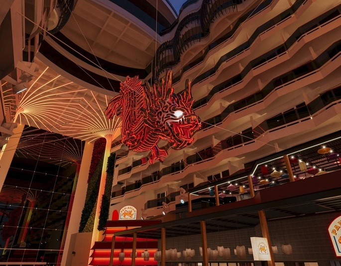 Le World Asia accueillera une immense sculpture de dragon en acier inoxydable, longue de 12 mètres et large de 9 mètres, suspendue à dix mètres au-dessus de la World Promenade - Photo : MSC Croisières