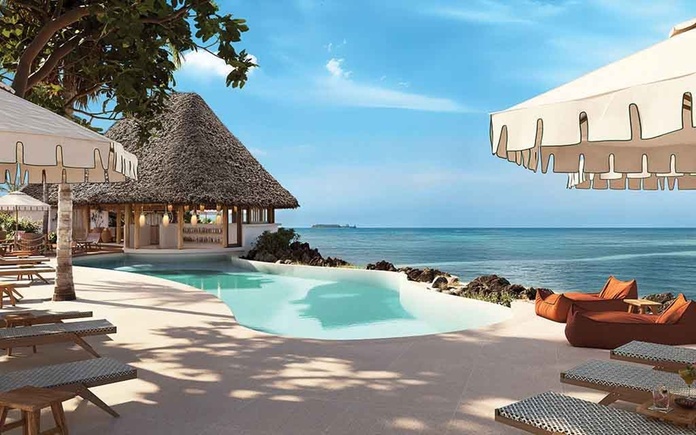 Le Matemwe Attitude est un hôtel-villas éco-engagé réservé aux adultes. Ici, la piscine avec vue mer - Photo : Exotismes