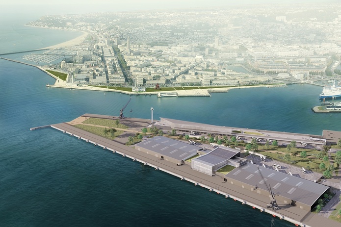 Le Havre Croisières rappelle que les nouveaux terminaux sont conçus  selon des standards exigeants : bâtiments économes à toitures photovoltaïques, quais entièrement électrifiés, etc. - Photo : Enia Architectes