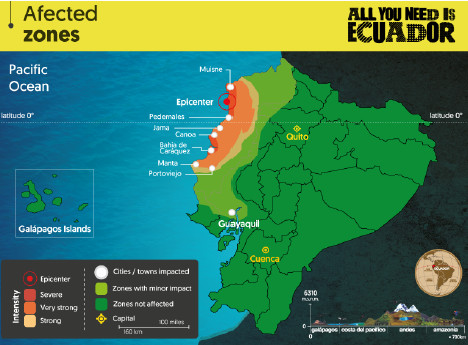 La carte des zones touchées par le séisme en Equateur - DR La carte des zones touchées par le séisme en Equateur - DR