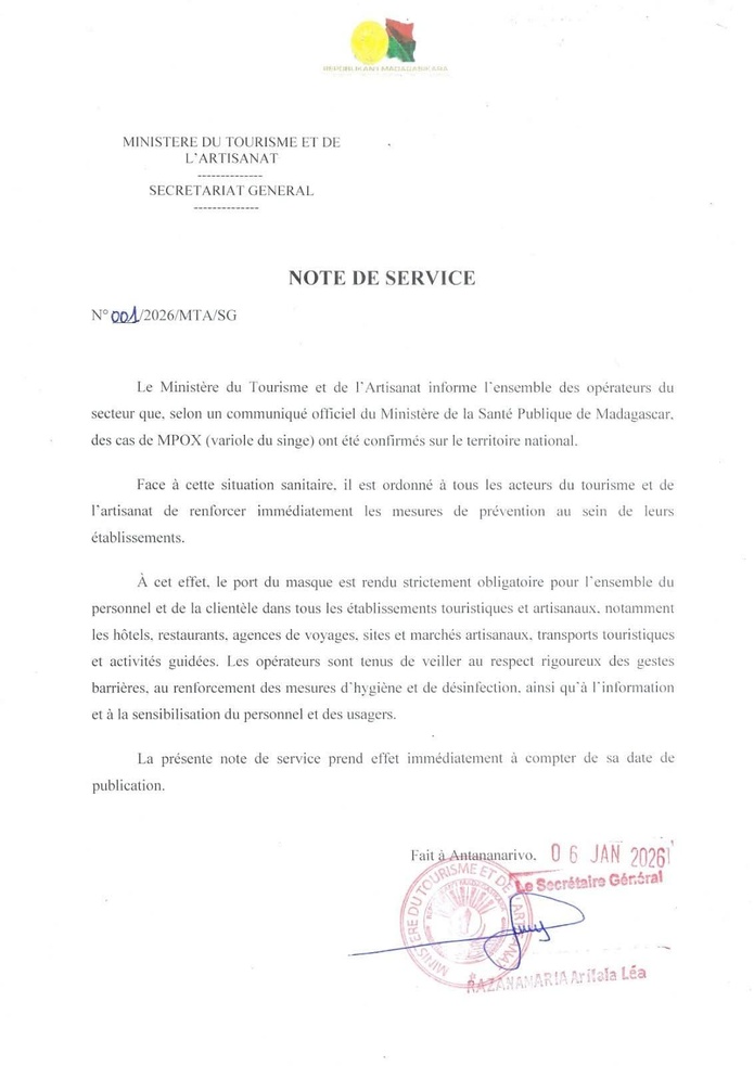 La note a été publiée par les autorités sur le compte Facebook du Ministère du tourisme et l'Artisanat La note a été publiée par les autorités sur le compte Facebook du Ministère du tourisme et l'Artisanat