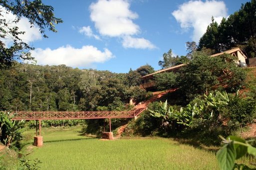 Ce cadre grandiose dominé par la forêt primaire dans la vallée tapissée de rizières, est celui d'un gîte rural dans la région d'Anjozorobe. Un projet exemplaire piloté par une ONG en parfaite symbiose avec les villageois, formés et salariés par