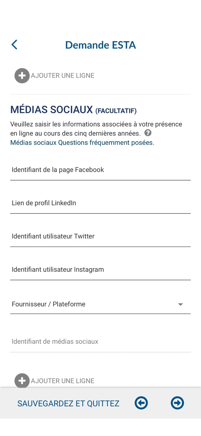 Voici une capture d'écran effectué ce 9 février 2026 sur le formulaire de demande d'ESTA - Capture Voici une capture d'écran effectué ce 9 février 2026 sur le formulaire de demande d'ESTA - Capture