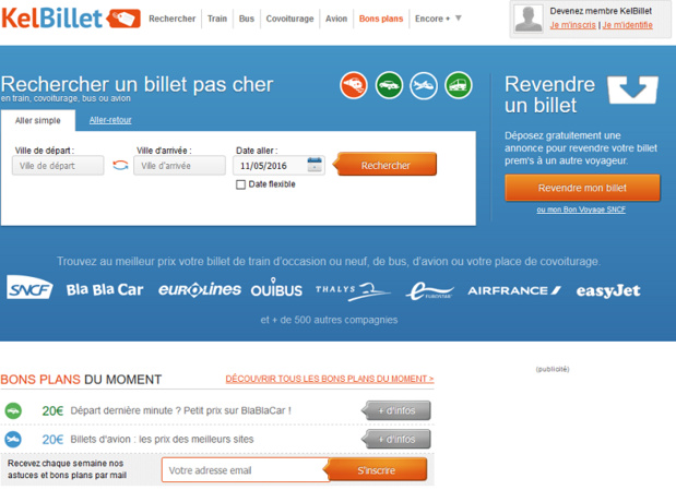 KelBillet compare les horaires et les prix de tous les modes de transport : autocar, train, covoiturage, avion - Capture écran