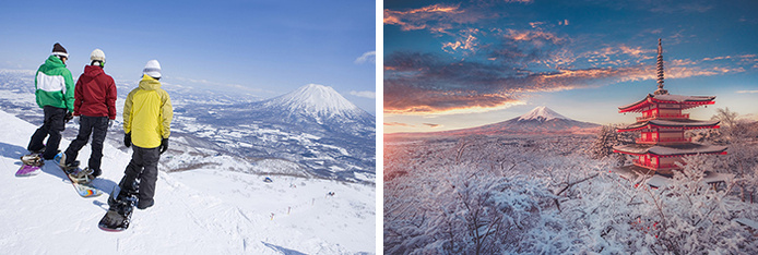 Skieurs admirant le mont Fuji / Fuji en hiver avec temple © GettyImages Skieurs admirant le mont Fuji / Fuji en hiver avec temple © GettyImages