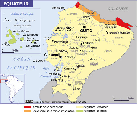 Equateur : la carte concernant la sécurité publiée par le Quai d'Orsay