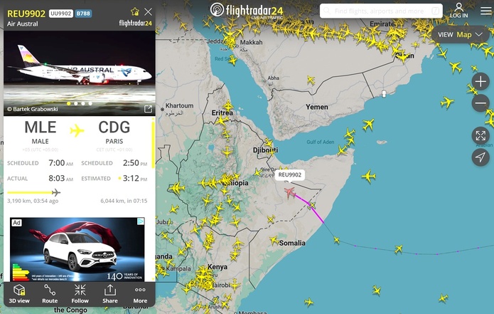Le vol REU9902 a décollé ce matin à 7H heure locale de Malé avec à son bord 260 passagers - Filghtradar