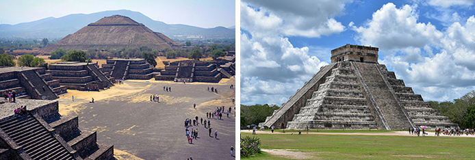 A gauche : Teotihuacan © Edgar Cavazos - Unsplash / A droite : Chichen Itza © Christina Abken - Unsplash