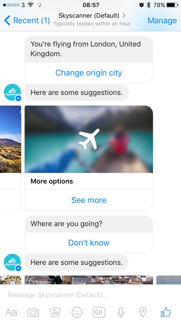 Skyscanner : réserver un voyage grâce à un bot sur Facebook Messenger