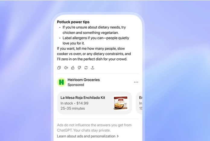 Exemple de publicité dans Chat GPT montré sur le site d'OpenAI - Source OpenAI