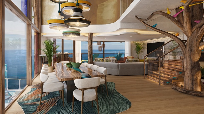 Avec ses trois niveaux, ses espaces de vie ouverts et sa terrasse avec vue sur l’océan, l’Ultimate Family Treehouse incarne la montée en gamme des hébergements familiaux à bord du Hero of the Seas @RCCL