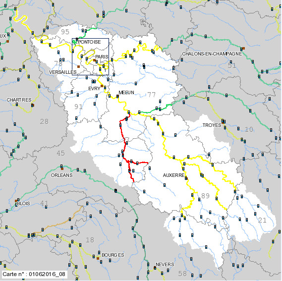 La carte publiée par le Service de Prévision des Crues : Seine moyenne-Yonne-Loing - DR SPC La carte publiée par le Service de Prévision des Crues : Seine moyenne-Yonne-Loing - DR SPC