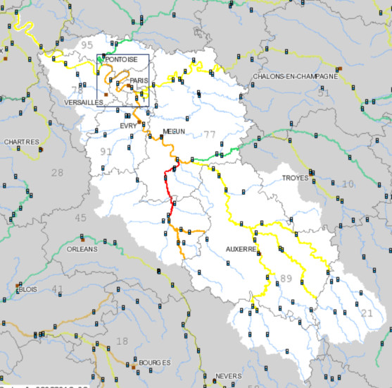 Carte publiée par le Service de Prévision des Crues : Seine moyenne-Yonne-Loing - DR SPC Carte publiée par le Service de Prévision des Crues : Seine moyenne-Yonne-Loing - DR SPC