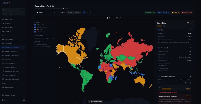 La plateforme intègre également un module dédié aux formalités d’entrée, avec des informations actualisées sur les exigences de visas, passeports, conditions sanitaires ou encore réglementations douanières selon les destinations et les nationalités des voyageurs. - Photo AtlasProtect.io