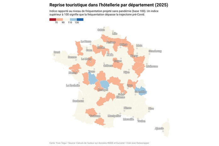 Etat de la reprise dans l'hôtellerie en 2025 dans les 30 plus grandes villes de France (cliquez sur l'image pour l'agrandir) - Illustration : Yvan Tegui