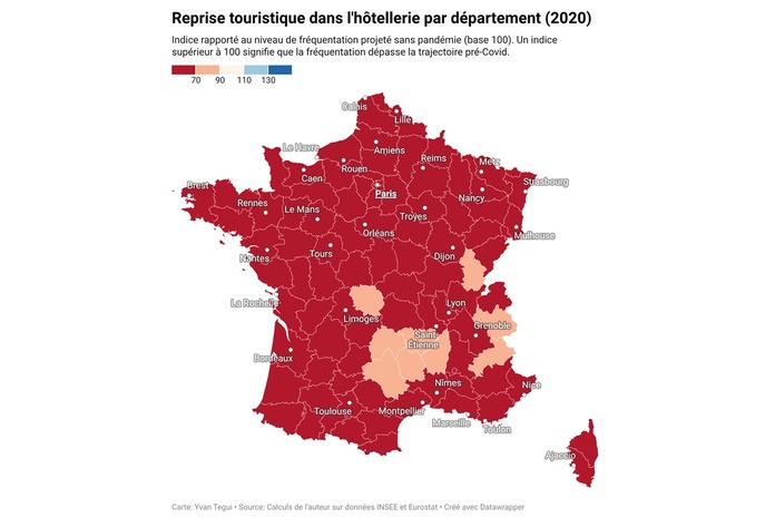 Etat de la reprise dans l'hôtellerie en 2020 dans les 30 plus grandes villes de France (cliquez sur l'image pour l'agrandir) - Illustration : Yvan Tegui