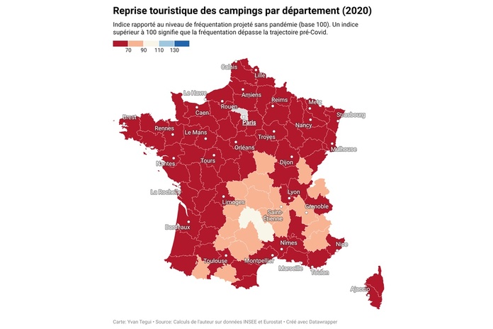 Etat de la reprise dans l'hôtellerie de plein air en 2020 dans les 30 plus grandes villes de France (cliquez sur l'image pour l'agrandir) - Illustration : Yvan Tegui