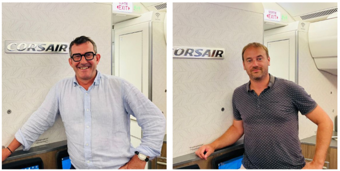 De gauche à droite à bord du vol Corsair de Toulouse vers Saint Denis de la Réunion : Bruno Balderadi et Rémi Chauchard. Photo : C.Hardin
