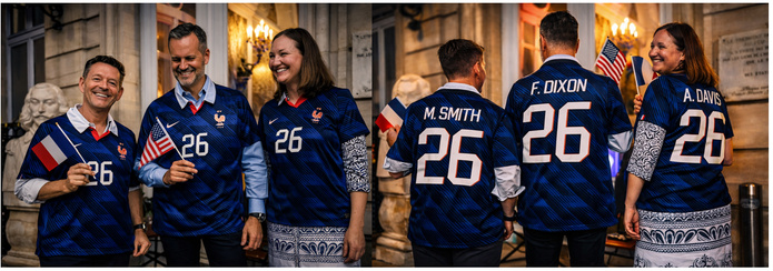 Fred Dixon et ses collaborateurs n’ont pas hésité à revêtir le maillot français lors de la soirée Brand USA organisée à Paris la semaine dernière. Photo : C. Hardin