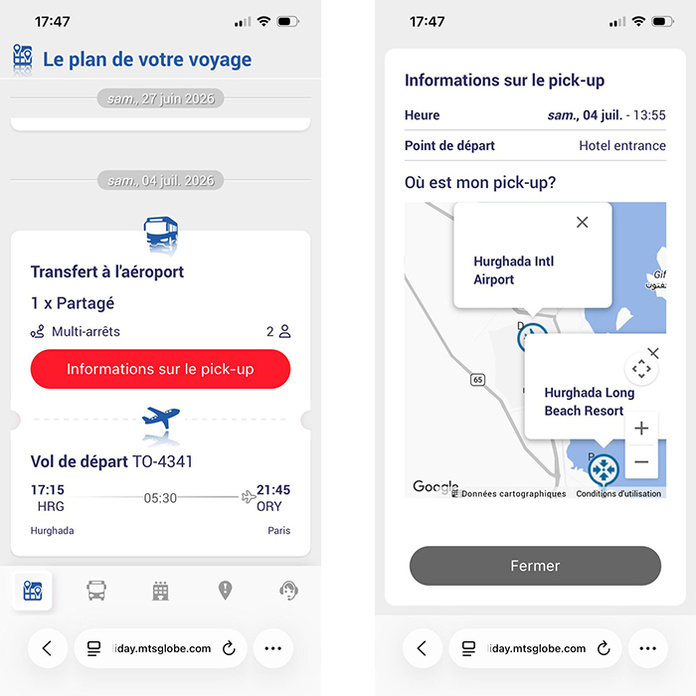 Info voyageur sur Myholidayapp, source MTS Globe / Géolocalisation du transfert sur Myholidayapp © MTS Globe Info voyageur sur Myholidayapp, source MTS Globe / Géolocalisation du transfert sur Myholidayapp © MTS Globe