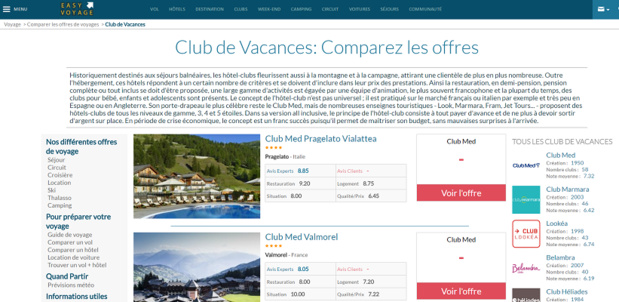 Le comparateur de clubs d'EasyVoyage est en ligne - Capture d'écran