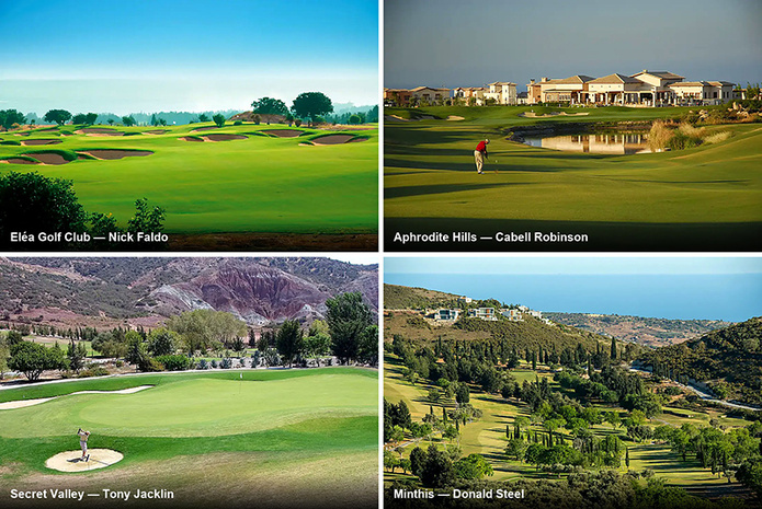 Les quatre parcours de la région de Paphos : Eléa (Nick Faldo), Aphrodite Hills (Cabell Robinson), Secret Valley (Tony Jacklin), Minthis (Donald Steel) © Eléa Golf Club · Aphrodite Hills · Secret Valley Golf Club · Minthis — visuels fournis par les parcours partenaires Les quatre parcours de la région de Paphos : Eléa (Nick Faldo), Aphrodite Hills (Cabell Robinson), Secret Valley (Tony Jacklin), Minthis (Donald Steel) © Eléa Golf Club · Aphrodite Hills · Secret Valley Golf Club · Minthis — visuels fournis par les parcours partenaires