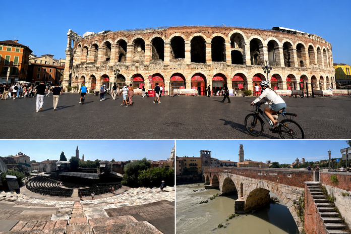 Les arènes de Verone. Le théâtre antique. Le pont romain qui enjambe l'Adige. Seules ses premières arches sont d'origine. Photos PB. Composition générée par IA.