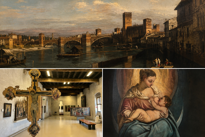Vue de Verone avec, au premier plan, le Castelvecchio, par Belloto (1722-1780). Salle du musée, avec, au premier plan, une croix peinte par un artiste de Vérone (moitié du XVe). Vierge allaitant, du Tintoret (1518-1594). Photos PB, composition générée par IA.