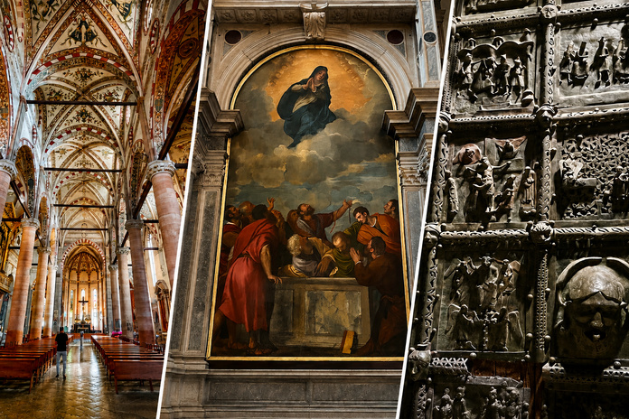 Vue intérieure de Sant'Anastasia. L''Assomption de la Vierge du Titien se trouve dans la chapelle Cartolari-Nichesola du Duomo. Détail des panneaux en bronze du portail de Saint-Zénon. Photos PB. Composition générée par IA.