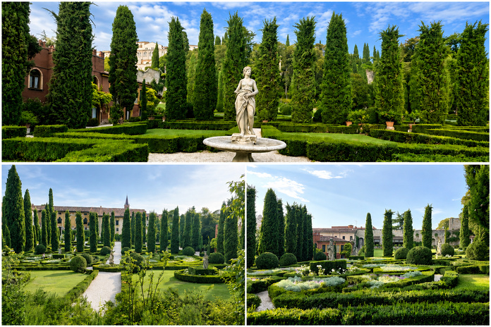 Créés au XVIe pour la famille Giusti, ces jardins en terrasse constituent l’un des exemples les plus aboutis de l’influence de la Renaissance italienne. Photos PB. Composition générée par IA.