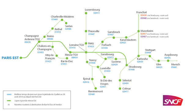 Carte des dessertes « TGV L’Européenne » et nouveaux temps de parcours