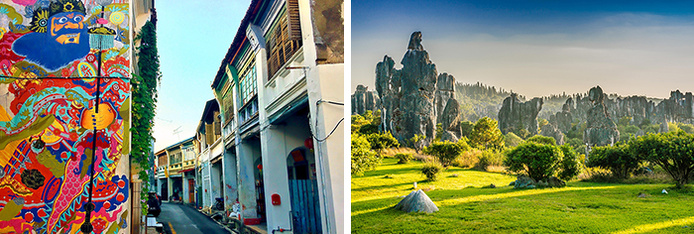 A gauche : Georgetown, Malaisie / A droite : Kunming, Chine