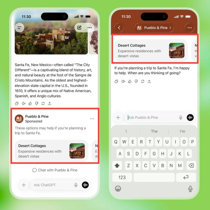 Exemple d'annonce ChatGPT Ads en contexte : un bloc "Sponsored" positionné sous la réponse de l'IA, avec logo, titre, description courte et visuel. L'annonce s'intègre dans la conversation sans en modifier le contenu - Capture écran : ChatGPT Ads