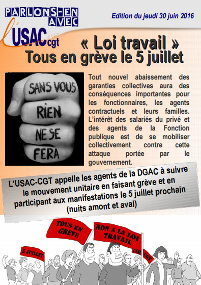 DGAC : appel à la grève de l'USAC-CGT pour mardi 5 juillet 2016