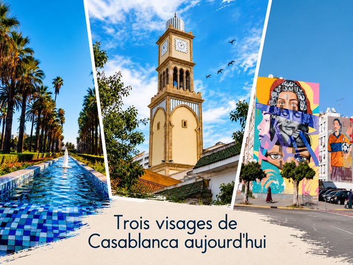 Trois visages de la capitale économique du Maroc. Photos : CRT Casablanca-Settat/ Composition générée par IA