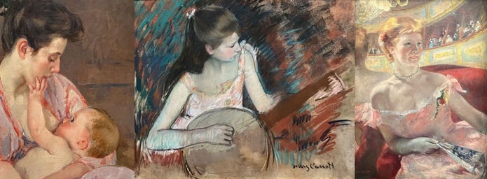 Trois œuvres de Mary Cassatt exposées à Orsay : mère allaitant son enfant (à g.), Femme dans une loge (à d.), et Jeune fille au banjo, une œuvre achetée pour enrichir les collections nationales à l'occasion de la rétrospective (au milieu) - Photos prises par PB à Orsay, composition générée par IA