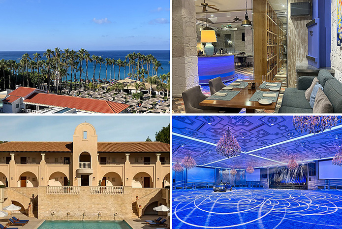 Quatre registres du parc hôtelier chypriote : le Cavo Maris à Protaras, le Columbia Beach Resort à Pissouri, l’Elysium à Paphos et la salle de réunion du Parklane à Limassol © Creative Tours Cyprus (Protaras, Pissouri) ; © Elysium ; © Parklane, visuels fournis par les établissements Quatre registres du parc hôtelier chypriote : le Cavo Maris à Protaras, le Columbia Beach Resort à Pissouri, l’Elysium à Paphos et la salle de réunion du Parklane à Limassol © Creative Tours Cyprus (Protaras, Pissouri) ; © Elysium ; © Parklane, visuels fournis par les établissements