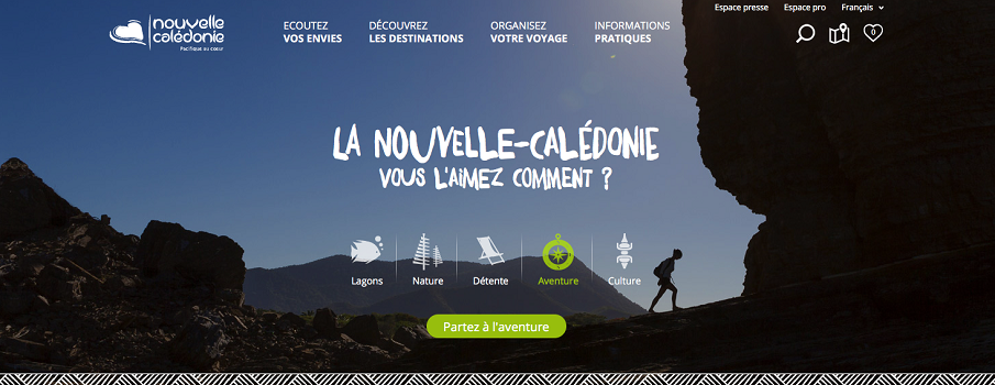 Capture d'écran du nouveau site Internet de Nouvelle-Calédonie Tourisme