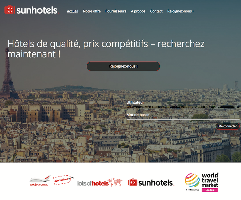 Sunhotels propose plus de 100 000 produits réservables, inventaire en forte expansion : des hôtels de 1 à 5 étoiles (indépendants, de chaîne, boutiques hôtels, etc.), des villas, des appartements, avec des modes de pensions variables, et des services divers - Capture écran