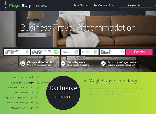 MagicStay est une plateforme en ligne de location d'appartements de courte durée dédiée aux voyageurs d'affaires - Capture d'écran