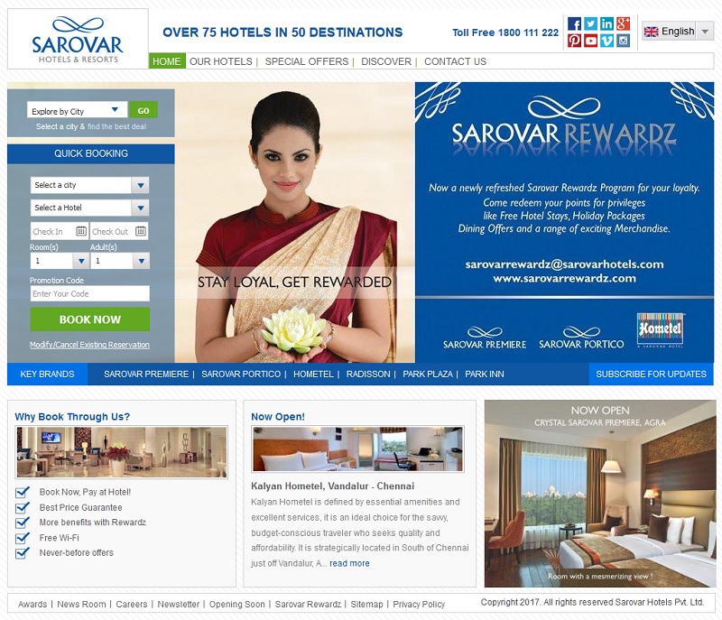 Le site internet de Sarovar Hotels en Inde - Dr Capture écran