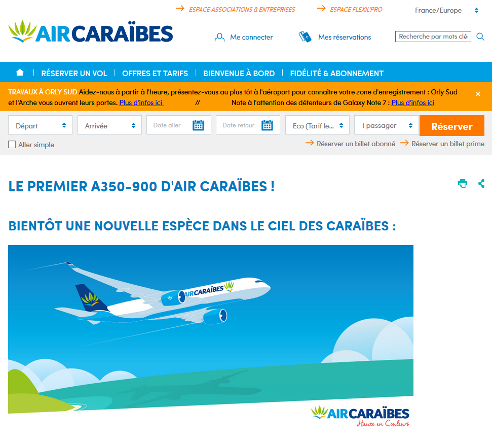Le site web de la compagnie Air Caraïbes met l'A350-900 à l'honneur - DR Capture écran